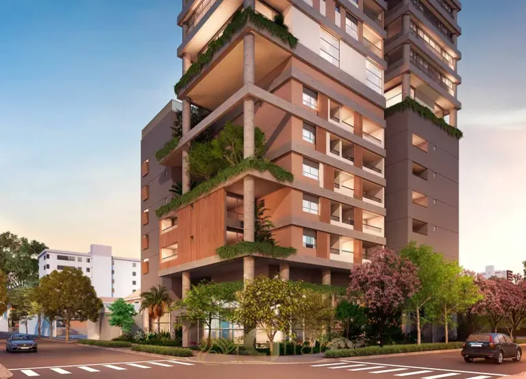 Portaria e fachada principal do condomínio EMIIE Studios no bairro de Moema, São Paulo