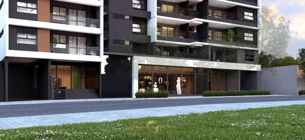 Portaria e loja térrea do condomínio Autoral Moema Residences no bairro de Moema, São Paulo