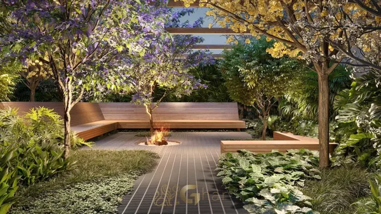 Pocket park com paisagismo em apartamentos no bairro da Vila Nova Conceição, São Paulo