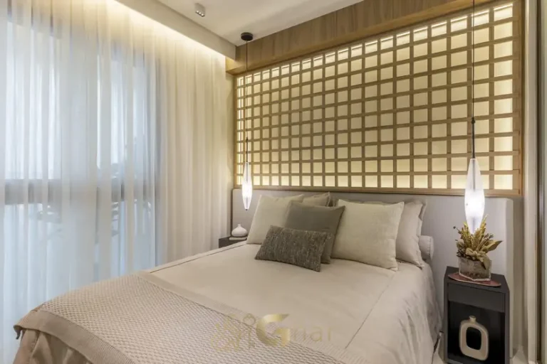 Quarto do apartamento decorado do condomínio Haus Mitre Station Moema no bairro de Moema, São Paulo
