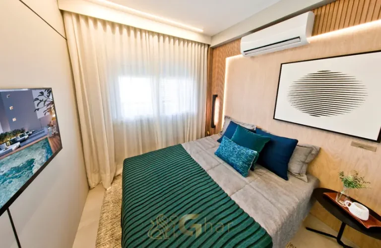 Quarto do apartamento decorado do condomínio Nex One Jurupis no bairro de Moema, São Paulo