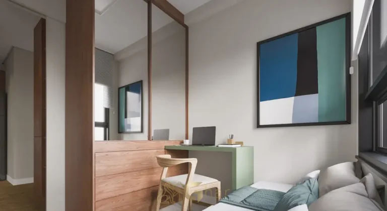 Dormitório com planta de quarto ampliado em condomínio residencial no bairro da Vila Olímpia, na Zona Sul de São Paulo