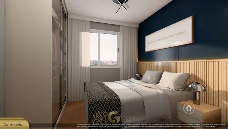 Quarto do apartamento decorado em condomínio residencial no bairro da Lapa, na Zona Oeste de São Paulo