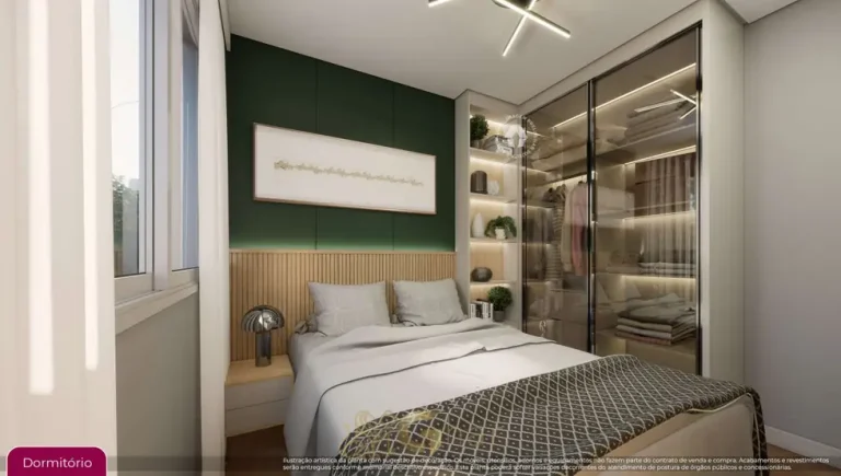 Quarto do apartamento de 1 dormitório decorado do condomínio Metrocasa Estação Pirituba no bairro de Pirituba, São Paulo
