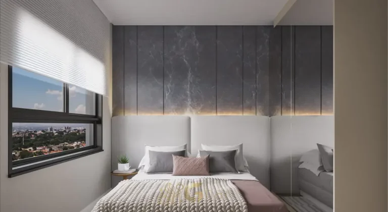 Quarto do casal no apartamento decorado do condomínio Maison no bairro da Vila Olímpia, São Paulo