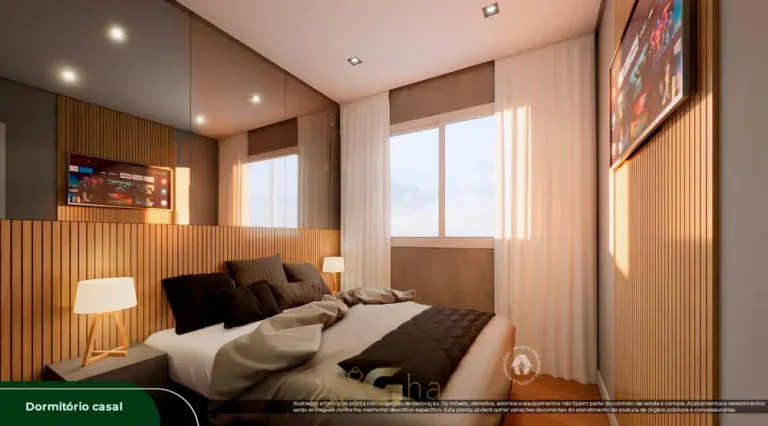 Quarto de casal do apartamento decorado do condomínio Metrocasa Alto do Ipiranga no bairro do Alto do Ipiranga, São Paulo