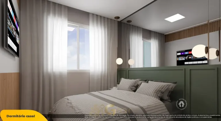 Quarto de casal do apartamento decorado do condomínio Metrocasa Butantã no bairro do Butantã, São Paulo