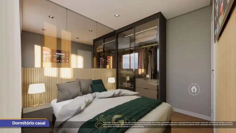Quarto de casal do apartamento decorado de 2 dormitórios em condomínio residencial no bairro do Cambuci, no Centro de São Paulo