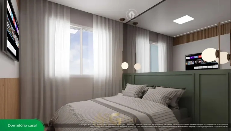Quarto de casal do apartamento decorado em condomínio residencial no bairro do Sacomã, na Zona Sul de São Paulo