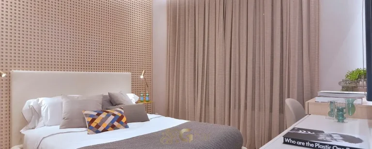 Quarto de casal do apartamento decorado do condomínio Moema Vida Nova no bairro de Moema, São Paulo
