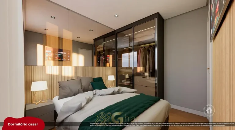 Quarto de casal do apartamento decorado do condomínio Metrocasa Avenida Itaquera no bairro de Itaquera, São Paulo
