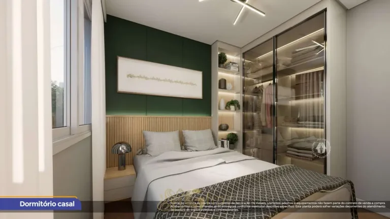 Quarto de casal do apartamento decorado em condomínio residencial no bairro do Cambuci, no Centro de São Paulo