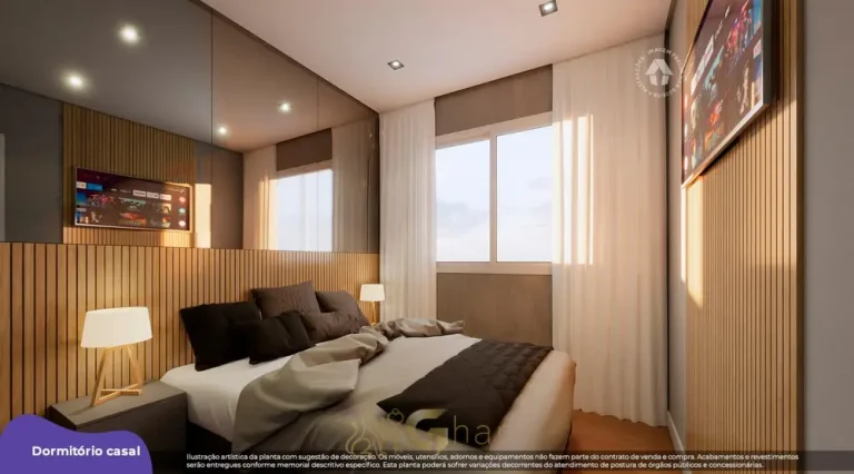 Quarto de casal do apartamento decorado em condomínio residencial no bairro do Capão Redondo, na Zona Sul de São Paulo