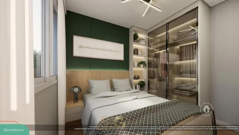 Quarto de casal do apartamento decorado do condomínio Metrocasa Estação João Paulo I no bairro da Freguesia do Ó, São Paulo
