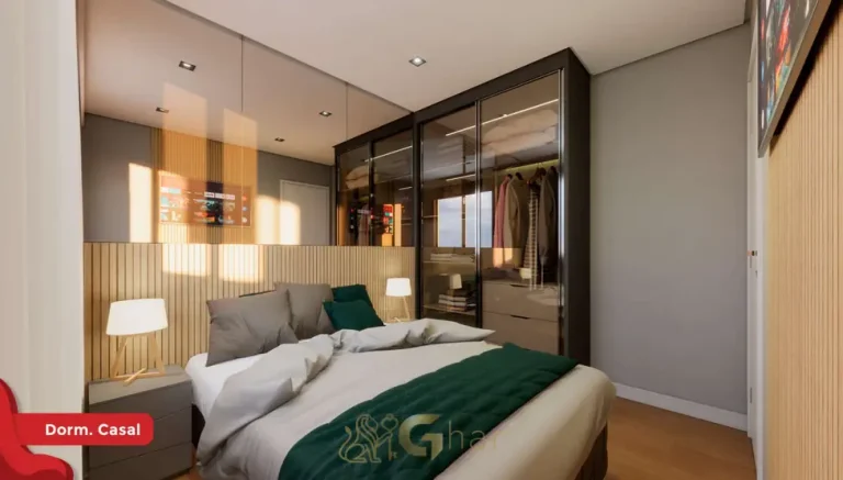 Quarto de casal do apartamento decorado do condomínio Metrocasa Estação Penha no bairro da Penha, São Paulo