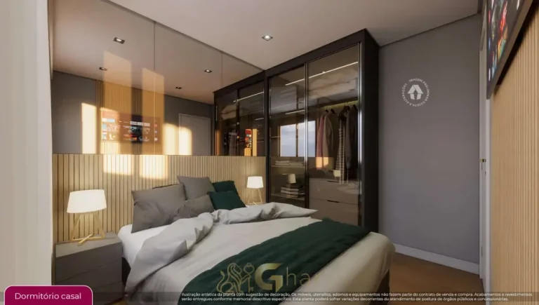 Quarto do casal no apartamento de 2 dormitórios decorado do condomínio Metrocasa Estação Pirituba no bairro de Pirituba, São Paulo