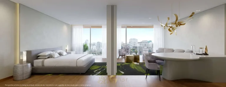 Integração entre quarto e sala do decorado em condomínio residencial no bairro da Vila Olímpia, na Zona Sul de São Paulo