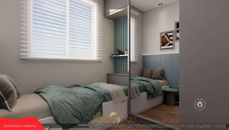 Quarto de solteiro do apartamento decorado do condomínio Metrocasa Artur Alvim no bairro de Artur Alvim, São Paulo
