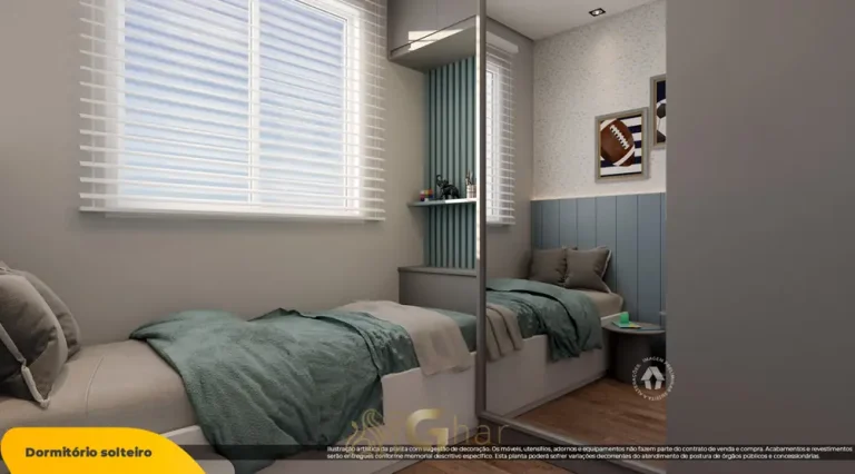 Quarto de solteiro do apartamento decorado em condomínio residencial no bairro do Butantã, na Zona Oeste de São Paulo