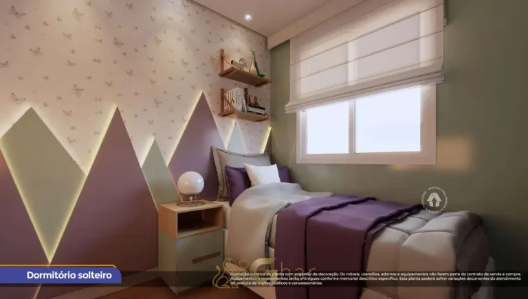 Quarto de solteiro do apartamento decorado do condomínio Metrocasa Cambuci no bairro do Cambuci, São Paulo