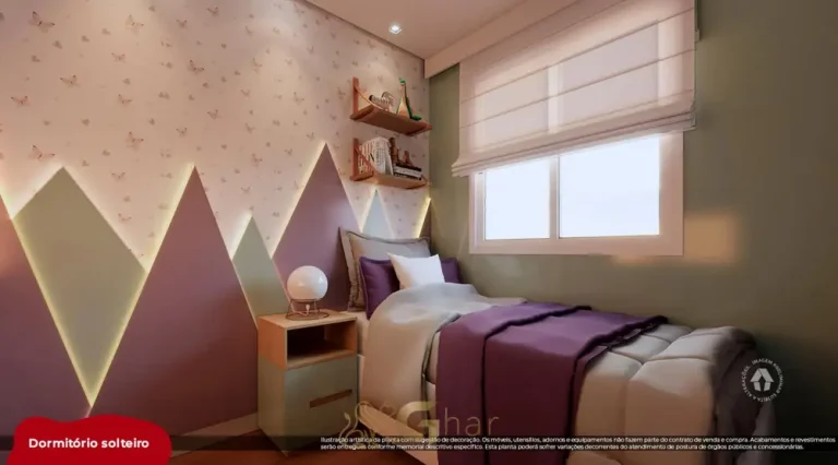 Quarto de solteiro do apartamento decorado em condomínio residencial no bairro de Itaquera, na Zona Leste de São Paulo