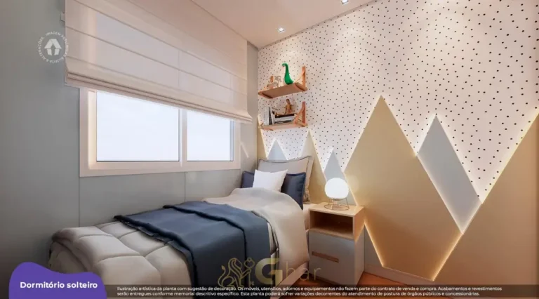 Quarto de solteiro do apartamento decorado do condomínio Metrocasa Capão Redondo no bairro do Capão Redondo, São Paulo