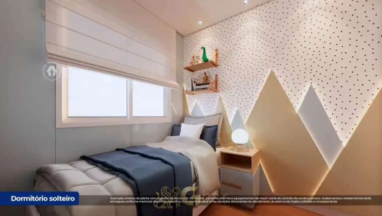 Quarto de solteiro decorado do condomínio Metrocasa Cupecê no bairro do Jardim Jabaquara, São Paulo