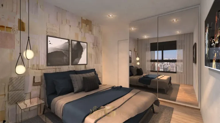 Quarto suíte do apartamento decorado do condomínio Mirage Ibirapuera no bairro do Ibirapuera, São Paulo