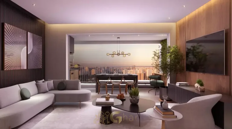 Sala de estar com vista do apartamento decorado do condomínio Autoral Moema Residences no bairro de Moema, São Paulo