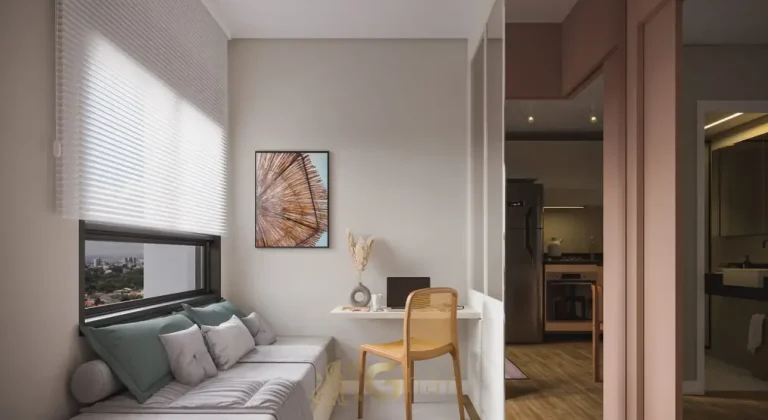 Sala de estar com marcenaria planejada em condomínio residencial no bairro da Vila Olímpia, na Zona Sul de São Paulo