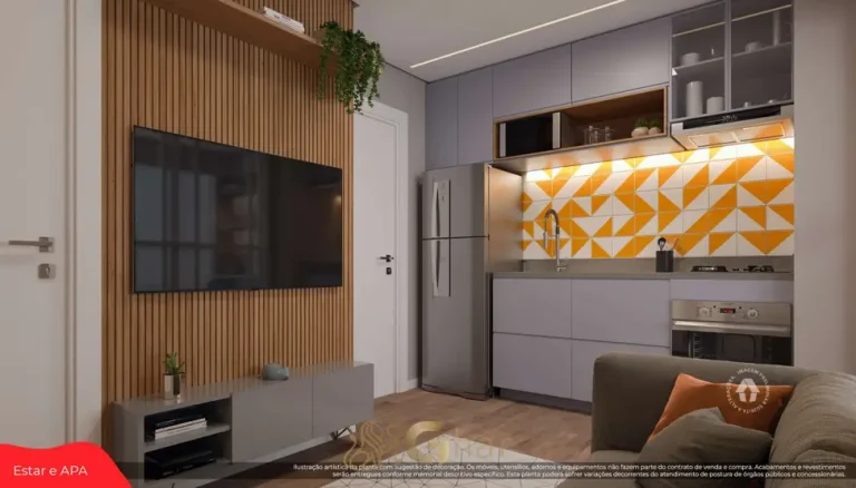 Sala de estar do apartamento decorado de 2 dormitórios em condomínio residencial no bairro de Artur Alvim, na Zona Leste de São Paulo