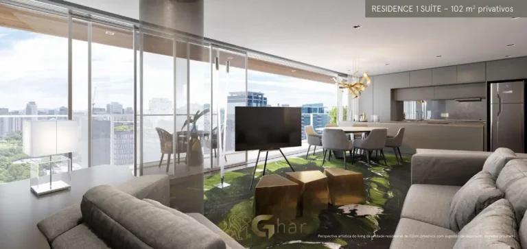 Sala do apartamento decorado do condomínio W Residences São Paulo no bairro da Vila Olímpia, São Paulo