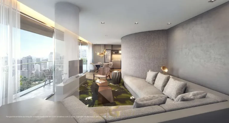 Sala de estar do apartamento decorado em condomínio residencial no bairro da Vila Olímpia, na Zona Sul de São Paulo