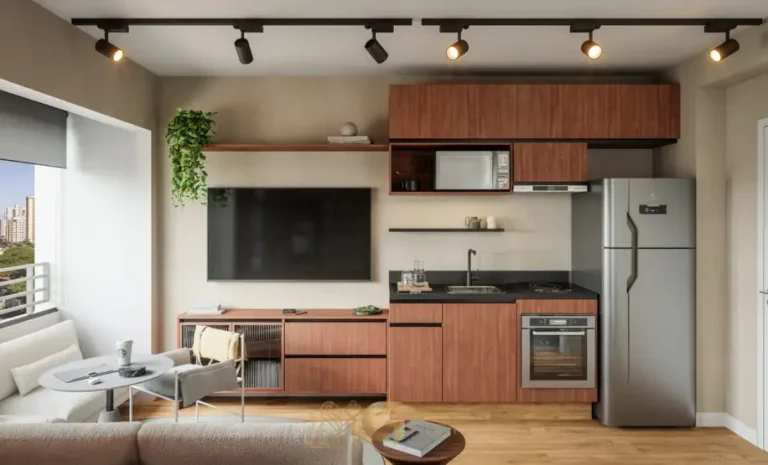 Sala do apartamento decorado com piso vinílico amadeirado do condomínio Zenion no bairro da Vila Olímpia, São Paulo