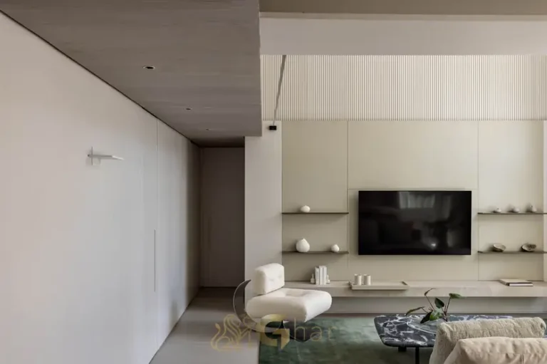 Sala de estar do apartamento decorado do condomínio Altier Moema Pássaros no bairro de Moema, São Paulo