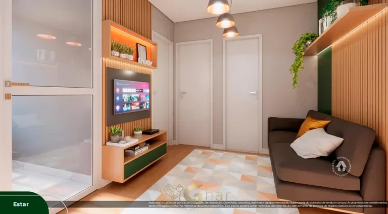 Sala de estar do apartamento decorado com office do condomínio Metrocasa Alto do Ipiranga no bairro do Alto do Ipiranga, São Paulo