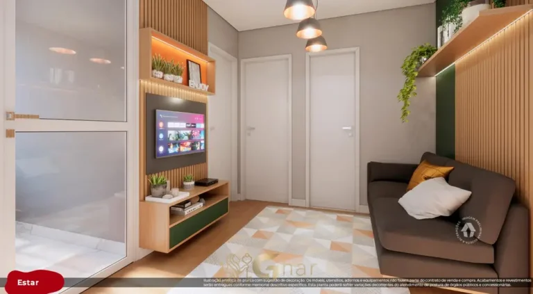 Sala de estar do apartamento decorado do condomínio Metrocasa Avenida Itaquera no bairro de Itaquera, São Paulo