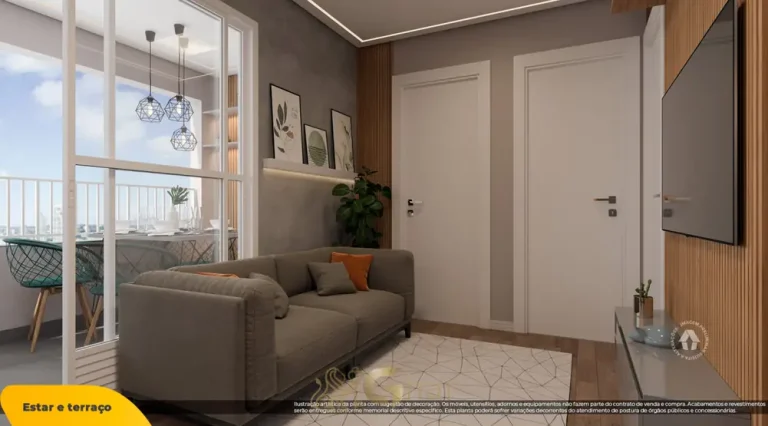 Sala de estar do apartamento decorado de 2 dormitórios do condomínio Metrocasa Butantã no bairro do Butantã, São Paulo