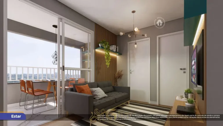 Sala de estar do apartamento decorado de 2 dormitórios do condomínio Metrocasa Cambuci no bairro do Cambuci, São Paulo
