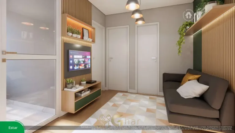 Sala de estar do apartamento decorado com office do condomínio Metrocasa Estação Sacomã no bairro do Sacomã, São Paulo