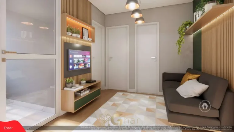 Sala de estar do apartamento decorado do condomínio Metrocasa Artur Alvim no bairro de Artur Alvim, São Paulo