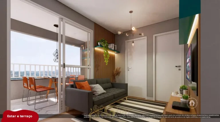 Sala de estar do apartamento de 2 dormitórios decorado do condomínio Metrocasa Avenida Itaquera no bairro de Itaquera, São Paulo