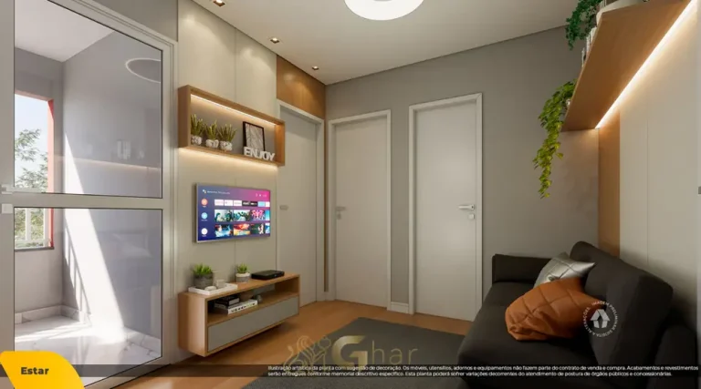 Sala de estar do apartamento decorado com office em condomínio residencial no bairro do Butantã, na Zona Oeste de São Paulo