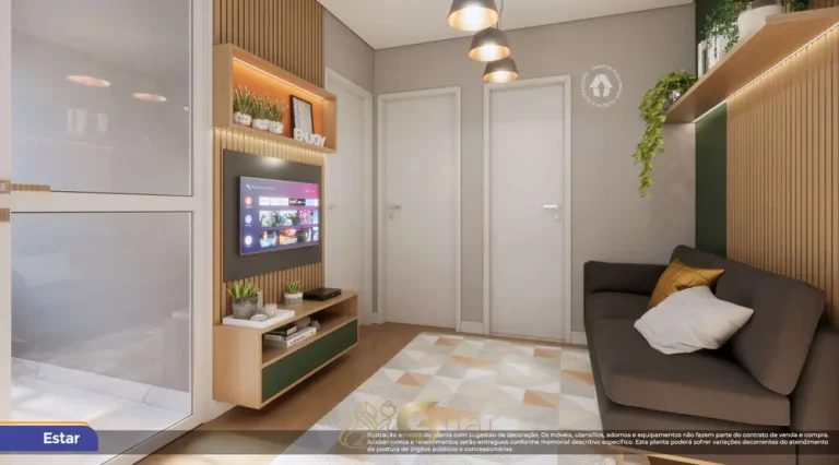 Sala de estar do apartamento decorado de 1 dormitório do condomínio Metrocasa Cambuci no bairro do Cambuci, São Paulo