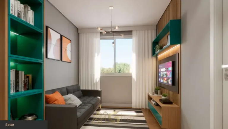 Sala de estar do apartamento decorado do condomínio Metrocasa Campo Belo no bairro do Campo Belo, São Paulo