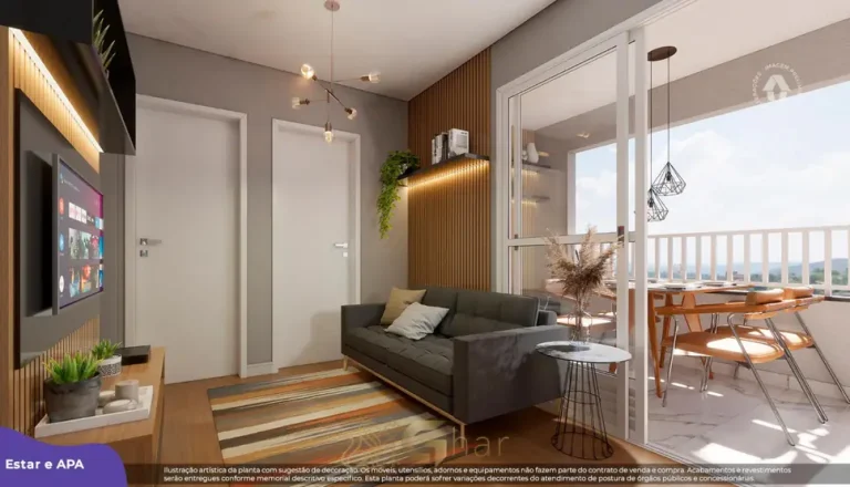 Sala de estar do apartamento de 2 dormitórios decorado do condomínio Metrocasa Capão Redondo no bairro do Capão Redondo, São Paulo
