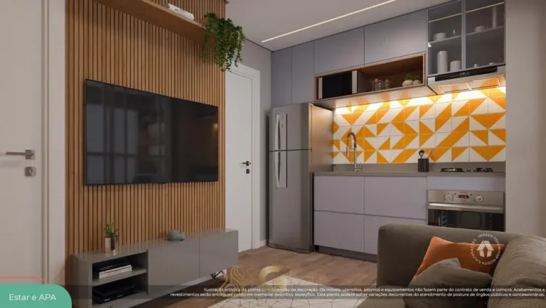 Sala de estar integrada do apartamento decorado do condomínio Metrocasa Estação João Paulo I no bairro da Freguesia do Ó, São Paulo