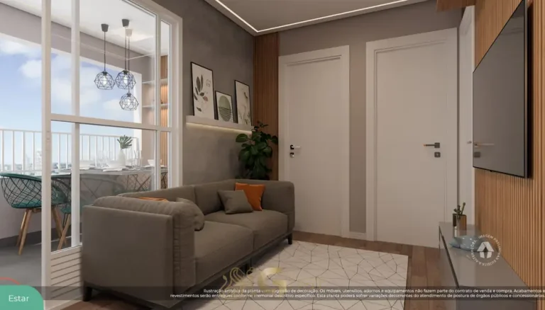 Sala de estar com varanda do apartamento decorado em condomínio residencial no bairro da Freguesia do Ó, na Zona Norte de São Paulo