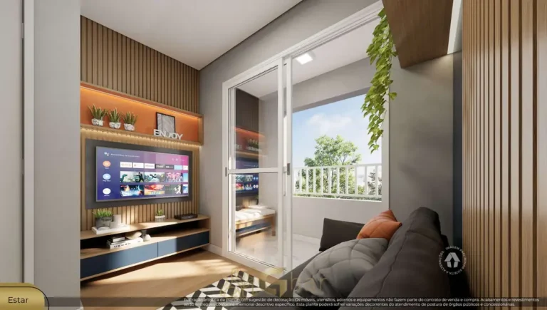 Sala de estar do apartamento decorado do condomínio Metrocasa Estação Lapa no bairro da Lapa, São Paulo