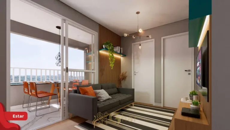 Sala de estar integrada do apartamento decorado do condomínio Metrocasa Estação Penha no bairro da Penha, São Paulo